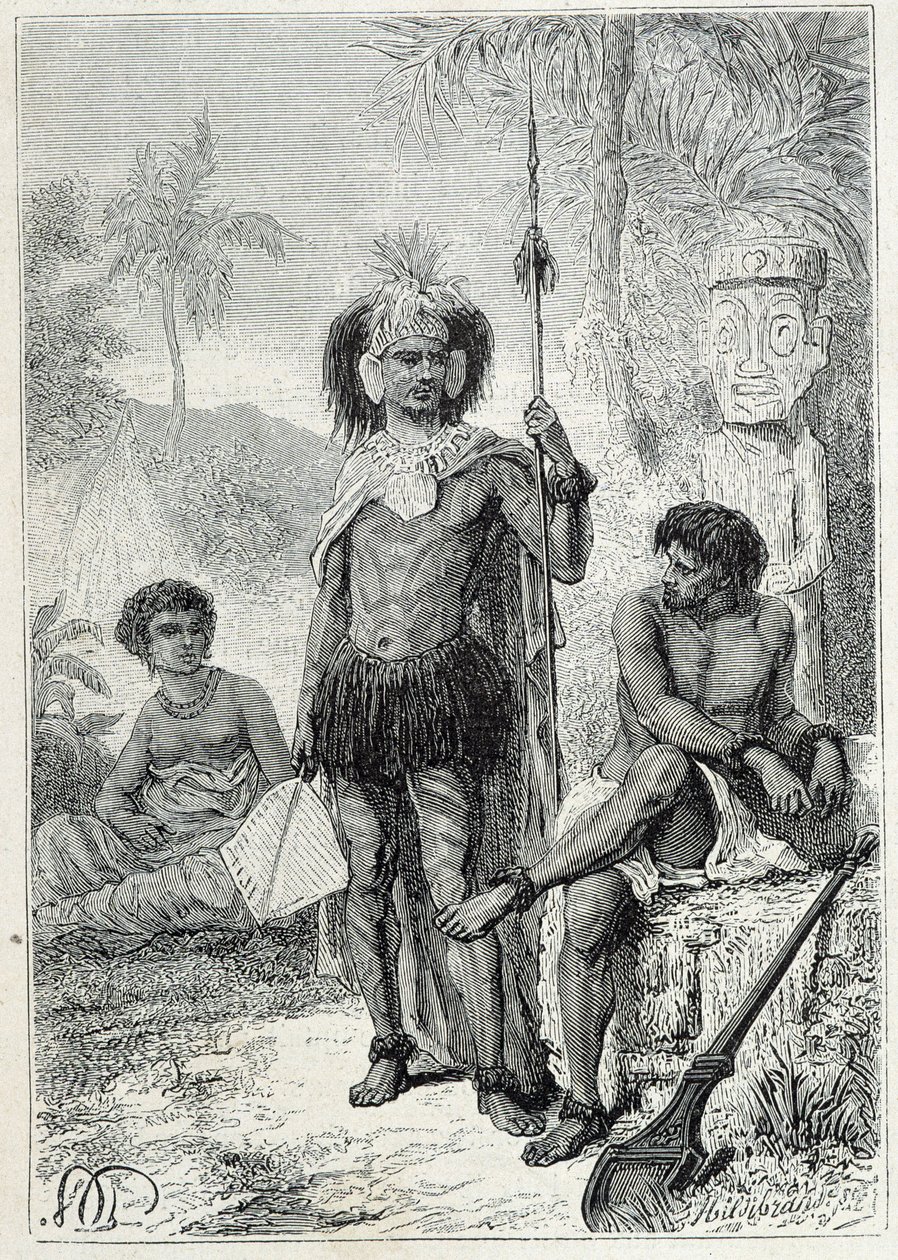 رحلة الكابتن جيمس كوك (1728-1779): سكان جزر ماركيساس - رسم مأخوذ من "البحارة العظماء في القرن الثامن عشر" بواسطة فنان غير معروف