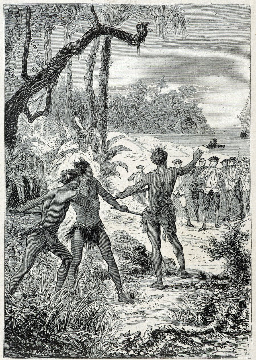 رحلة الكابتن جيمس كوك (1728-1779) إلى نيو جيني: أول لقاء مع السكان الأصليين ، رسم توضيحي مأخوذ من "البحارة العظماء في القرن الثامن عشر" بواسطة فنان غير معروف