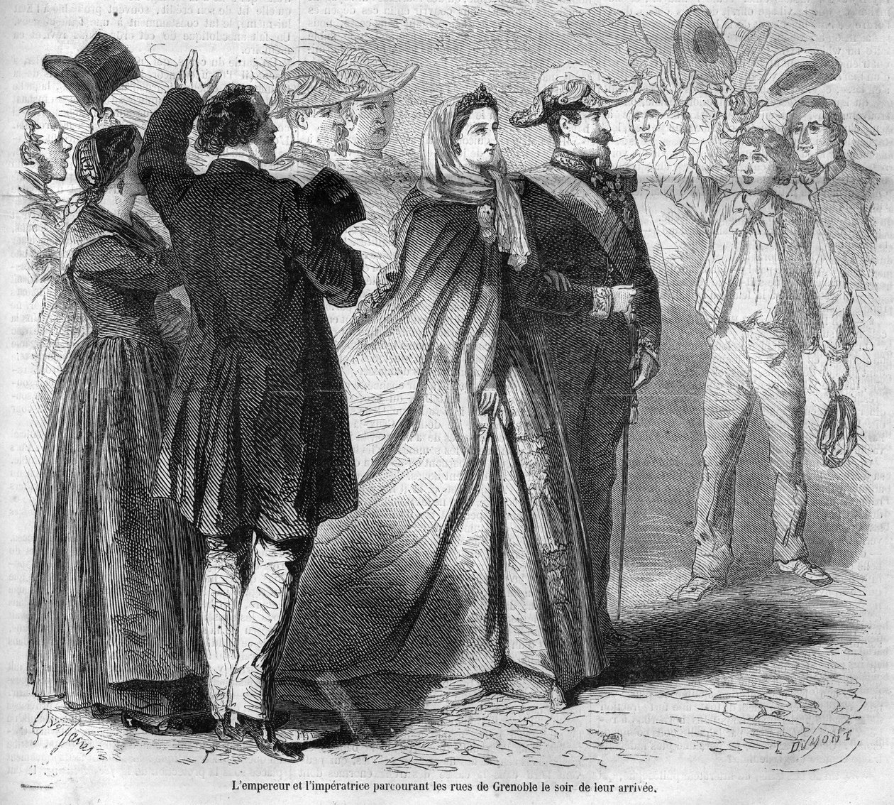 رحلة الإمبراطور نابليون الثالث (1808-1873) وزوجته أوجيني دي مونتيجو (1826-1920) إلى دوقة سافوي بعد ضم كونت سافوي (معاهدة مارس تورين): هنا يسير الزوجان الإمبراطوريان في شوارع غرونوبل . نقش من بواسطة فنان غير معروف