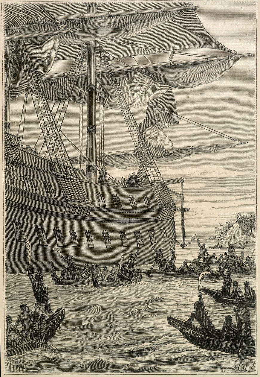 Journey of Samuel Wallis (1728-1795) to Polynesia: indigenous people holding banana branches in hand as a welcome greeting - illustration from “The Great Mariners of the 18th century”” بواسطة فنان غير معروف