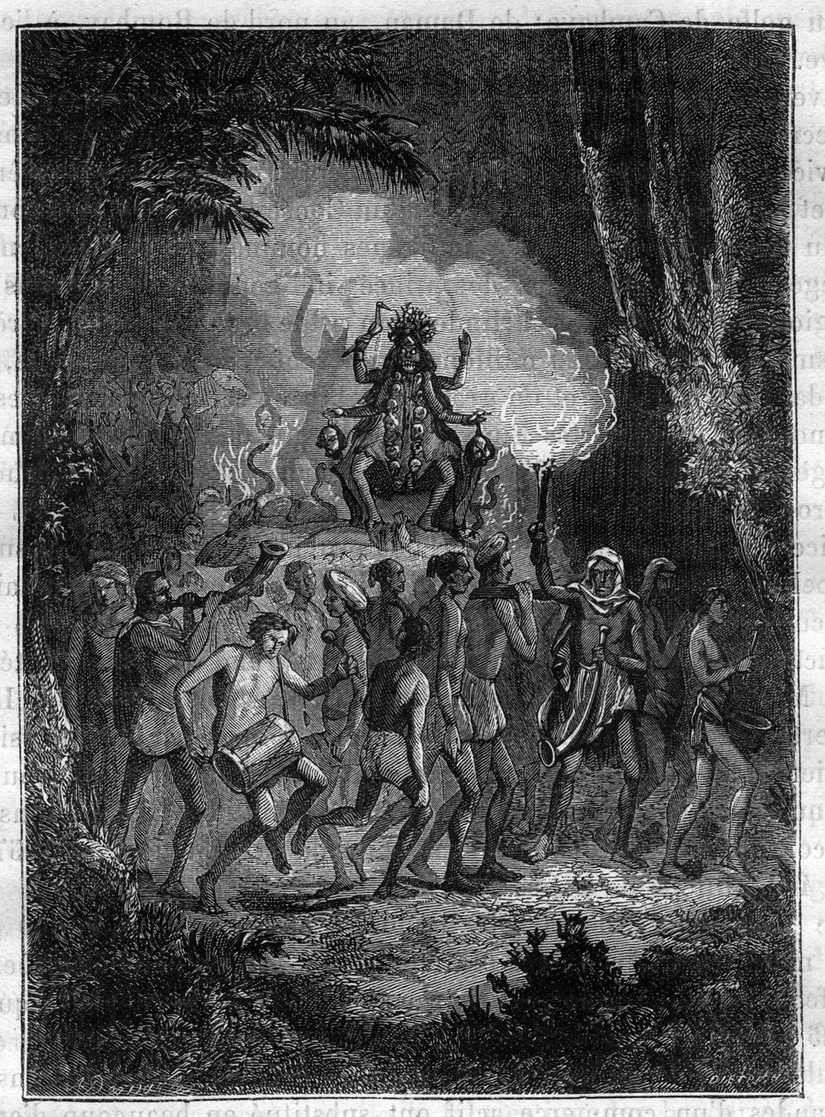 رحلة إلى الهند بواسطة فيكتور جاكيمونت ، خلال الأعوام 1828-1832 موكب الإلهة كالي (إلهة الدمار) - نقش في "" التاريخ الرائع لرحلات عظيمة في القرن التاسع عشر "" ". 1877 بواسطة فنان غير معروف
