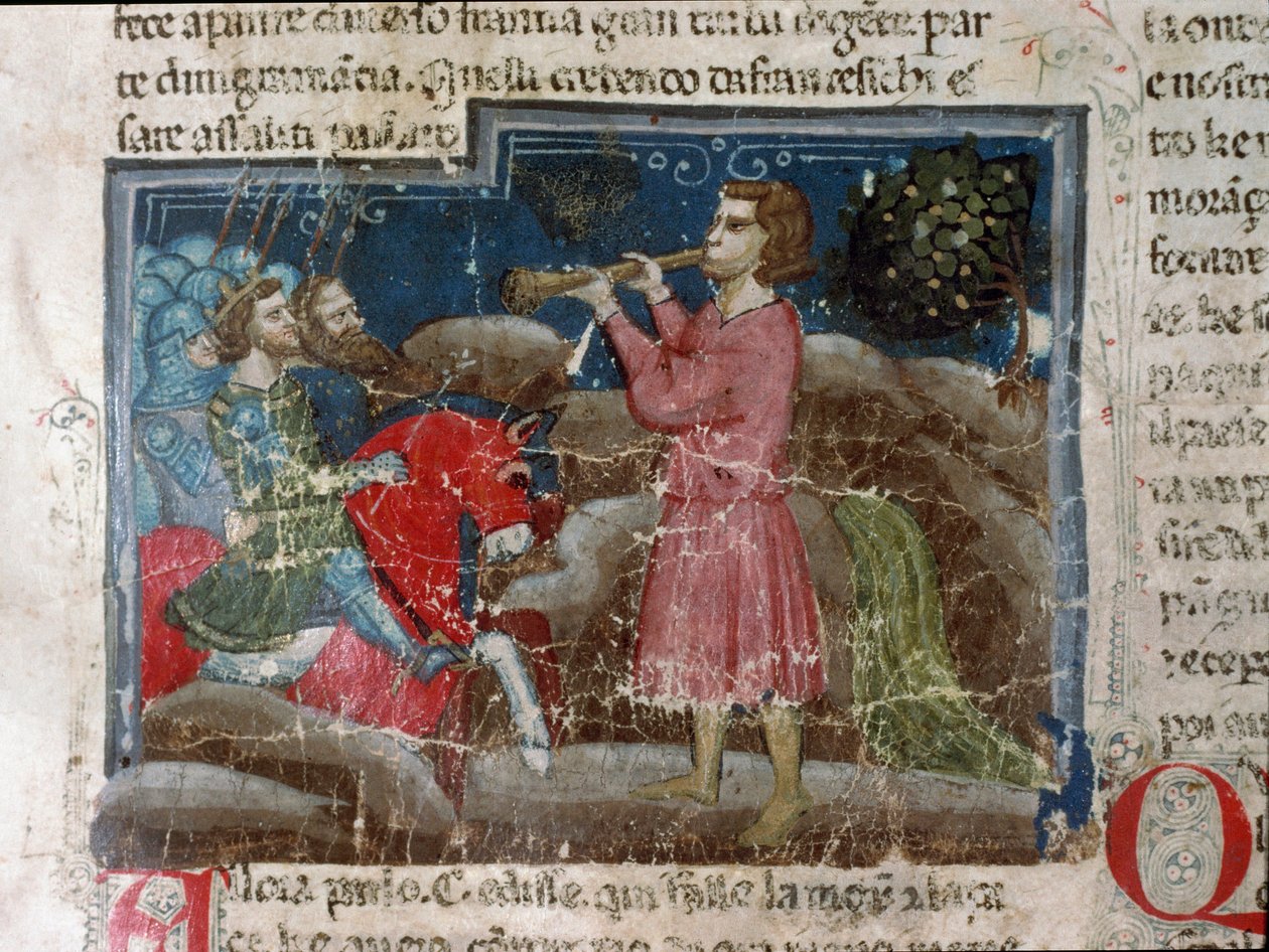 Jules Cesar (101-44 قبل الميلاد) يخاطب محاربيه تفاصيل صفحة مخطوطة "" The Facts of the Romans "" (Ms 1538 ، fol 15r) حوالي 1340 فلورنسا ، مكتبة ريكارديانا بواسطة فنان غير معروف