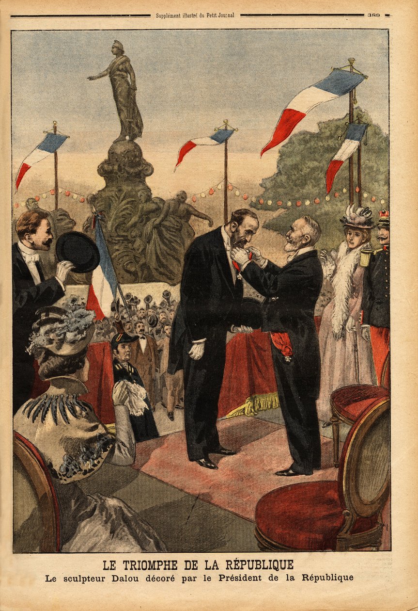 نحات جول دالو (1838-1902) ، وسام جوقة الشرف من قبل رئيس الجمهورية إميل لوبيه (1838-1929) ، بمناسبة تدشين تمثال "انتصار الجمهورية" في ساحة بلاس دي لا الأمة في باريس. النقش في "" بواسطة فنان غير معروف