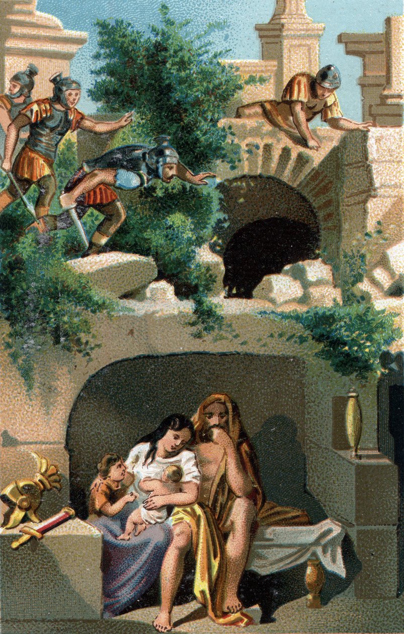 Julius Sabinus (Gauls of the Lingons people) وزوجته Eponine ظلوا مختبئين لمدة تسع سنوات مع أطفالهم في تحت الأرض ثم اكتشفوا ، تم نقلهم إلى روما مع ابنيه التوأمين. أواخر القرن التاسع عشر الطباعة الحجرية الملونة. بواسطة فنان غير معروف