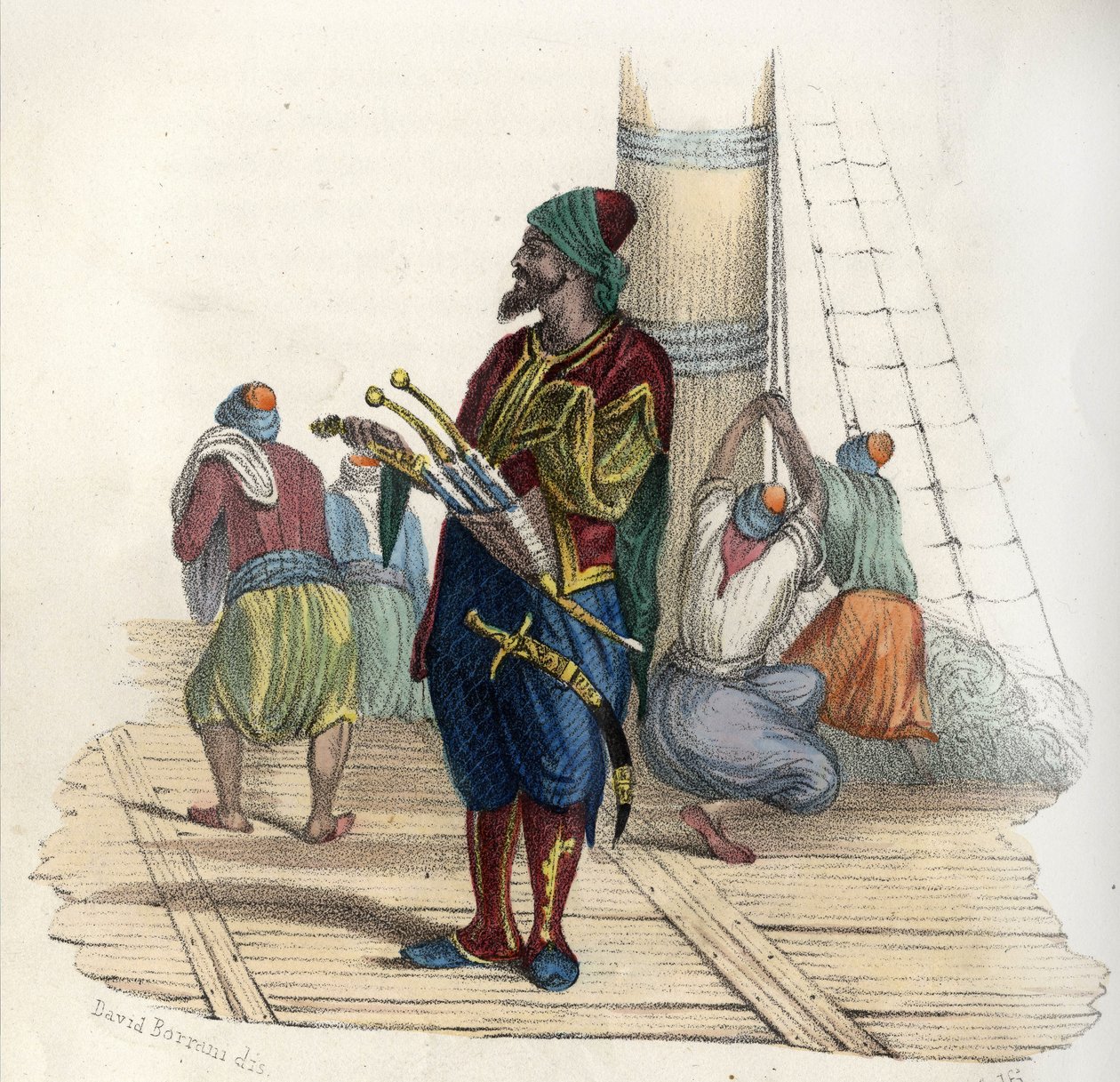 خير الدين (ق. ١٤٧٦-١٥٤٦) ، المعروف باسم باربيروسا الثاني ، قرصان تركي. مؤسس دولة الجزائر في القرن السادس عشر. في "L'Algerie ancienne et moderne" "" بقلم ليون غاليبرت. الطبعة الايطالية 1846 لون. بواسطة فنان غير معروف