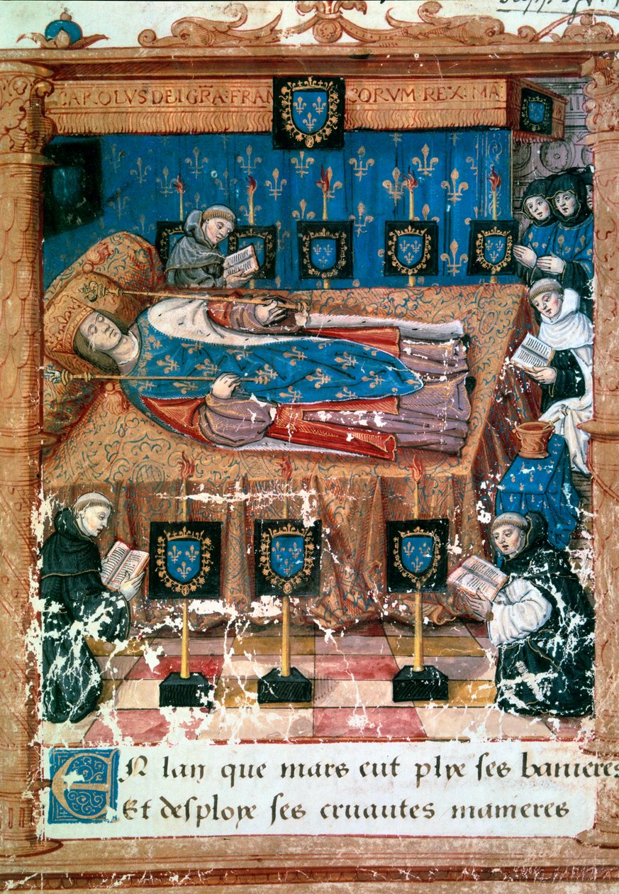 الملك تشارلز الثامن (1470-1498) على فراش موته 8/04/1498 صورة مصغرة مأخوذة من ترجمة "" ليرويد "بواسطة أوفيد لأوكتافيان دي سانت جيليه (1468-1502) القرن الخامس عشر ، باريس ، بي إن بواسطة فنان غير معروف