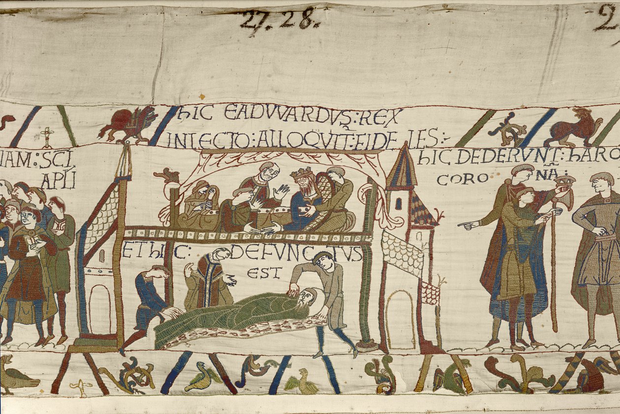 الملك إدوارد المعترف على فراش الموت ، Bayeux Tapestry (تطريز من الصوف على الكتان) بواسطة فنان غير معروف