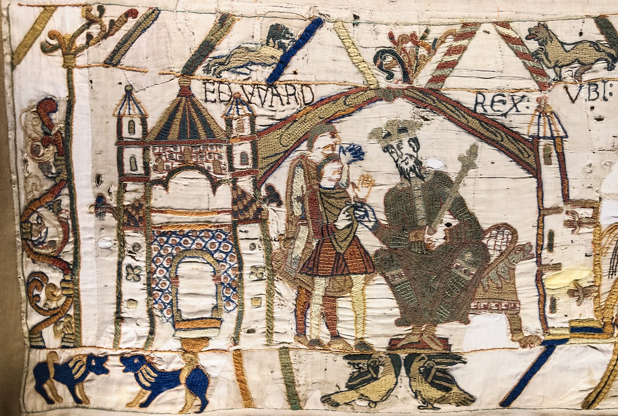 الملك إدوارد المعترف يرسل هارولد إلى نورماندي ، Bayeux Tapestry (تطريز صوف على الكتان) بواسطة فنان غير معروف