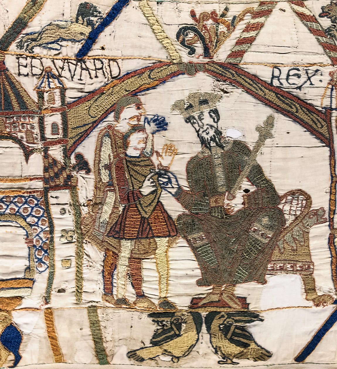 الملك إدوارد المعترف يرسل هارولد إلى نورماندي ، Bayeux Tapestry (تطريز صوف على الكتان) بواسطة فنان غير معروف