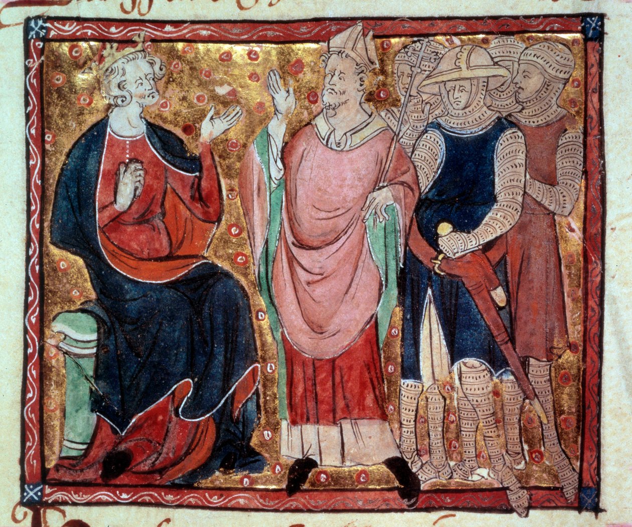 الملك هنري الثاني ملك إنجلترا (1133-1189) يستلم مجسمًا مصغرًا للجنود والعاملين من مخطوطة من القرن الخامس عشر. باريس ، BN بواسطة فنان غير معروف