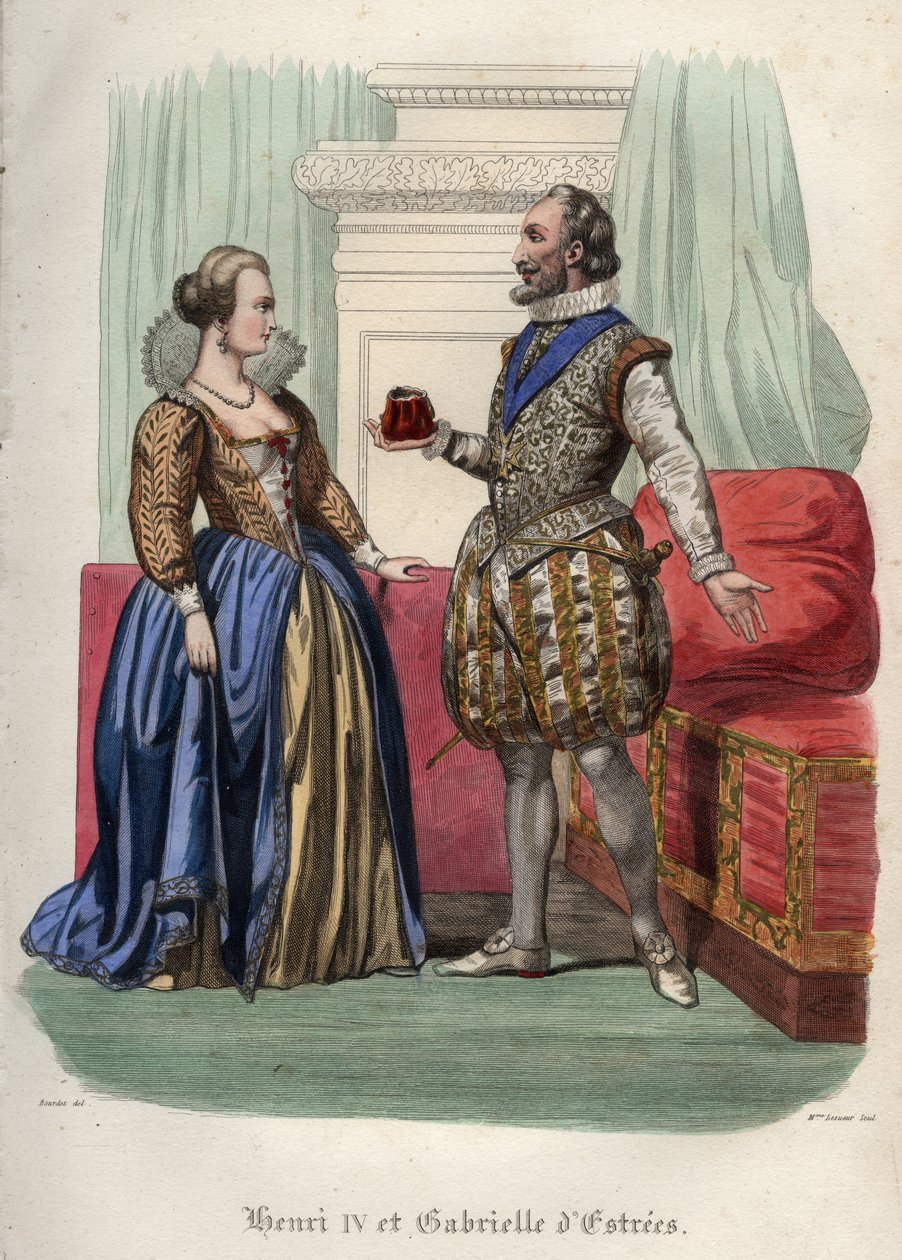 ملك فرنسا هنري الرابع (هنري الرابع) (1553-1610) وعشيقته غابرييل ديستريس (1573-1599). نقش من عام 1842 في "تاريخ الباباوات" لموريس لاشاتر. مجموعة خاصة. بواسطة فنان غير معروف