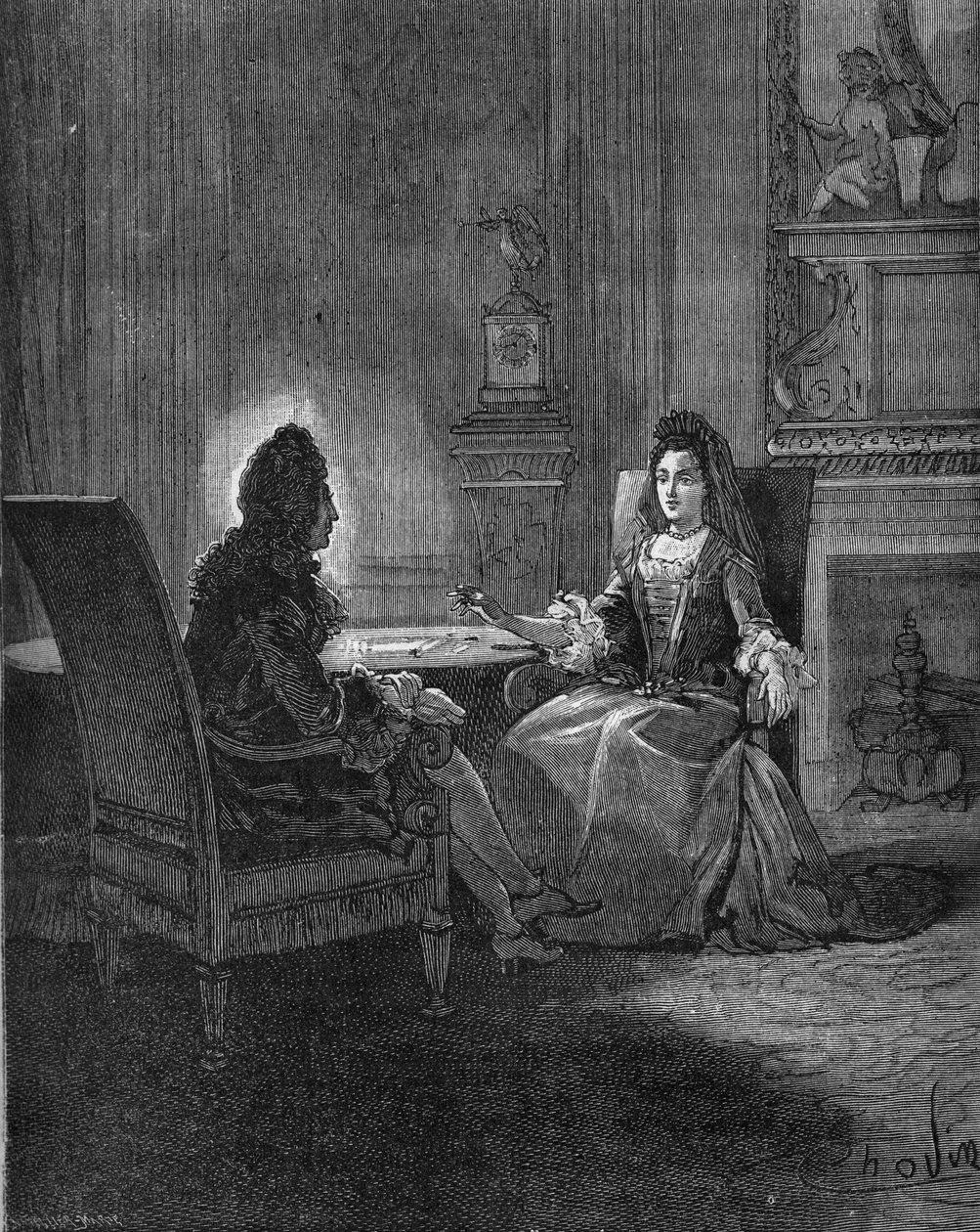 الملك لويس الرابع عشر (1638-1715) يتحدث مع زوجته المستقبلية ، مدام دي مينتينون (فرانسواز دوبيني ، ماركيز دي مينتينون) (1635-1716). نقش القرن التاسع عشر. في "هيستوار دو فرانس" لجول ميشليه بواسطة فنان غير معروف