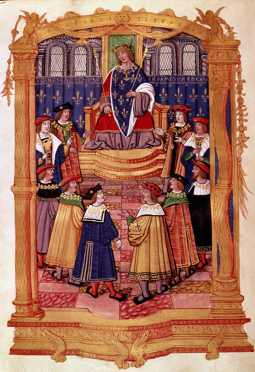 الملك لويس الحادي عشر (1423-1483) وفرسان وسام القديس ميخائيل المصغر من مخطوطة "النظام الأساسي لأمر القديس ميخائيل" "القرن الخامس عشر ميلانو ، مكتبة تريفولزيانا بواسطة فنان غير معروف