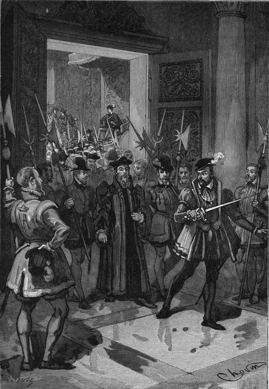 ملك فرنسا هنري الثاني (1519-1559) ، في الوسط ، يأمر مذنبه بالاستيلاء على المستشارين. نقش القرن التاسع عشر. في "هيستوار دو فرانس" لجول ميشليه بواسطة فنان غير معروف