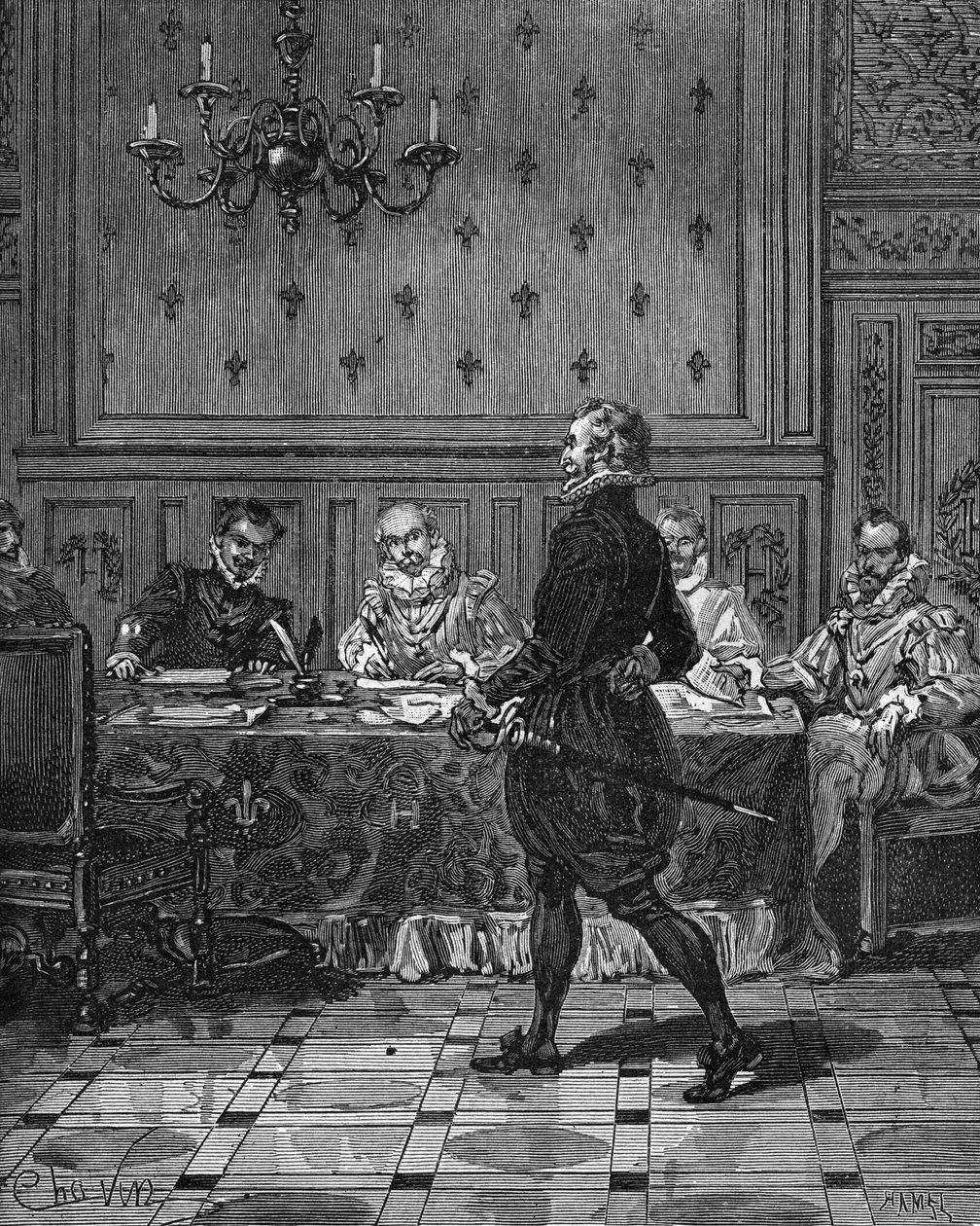 ملك فرنسا هنري الرابع (1553-1610) (واقفًا) في لقاء مع سفرائه. نقش القرن التاسع عشر. في "هيستوار دو فرانس" لجول ميشليه بواسطة فنان غير معروف