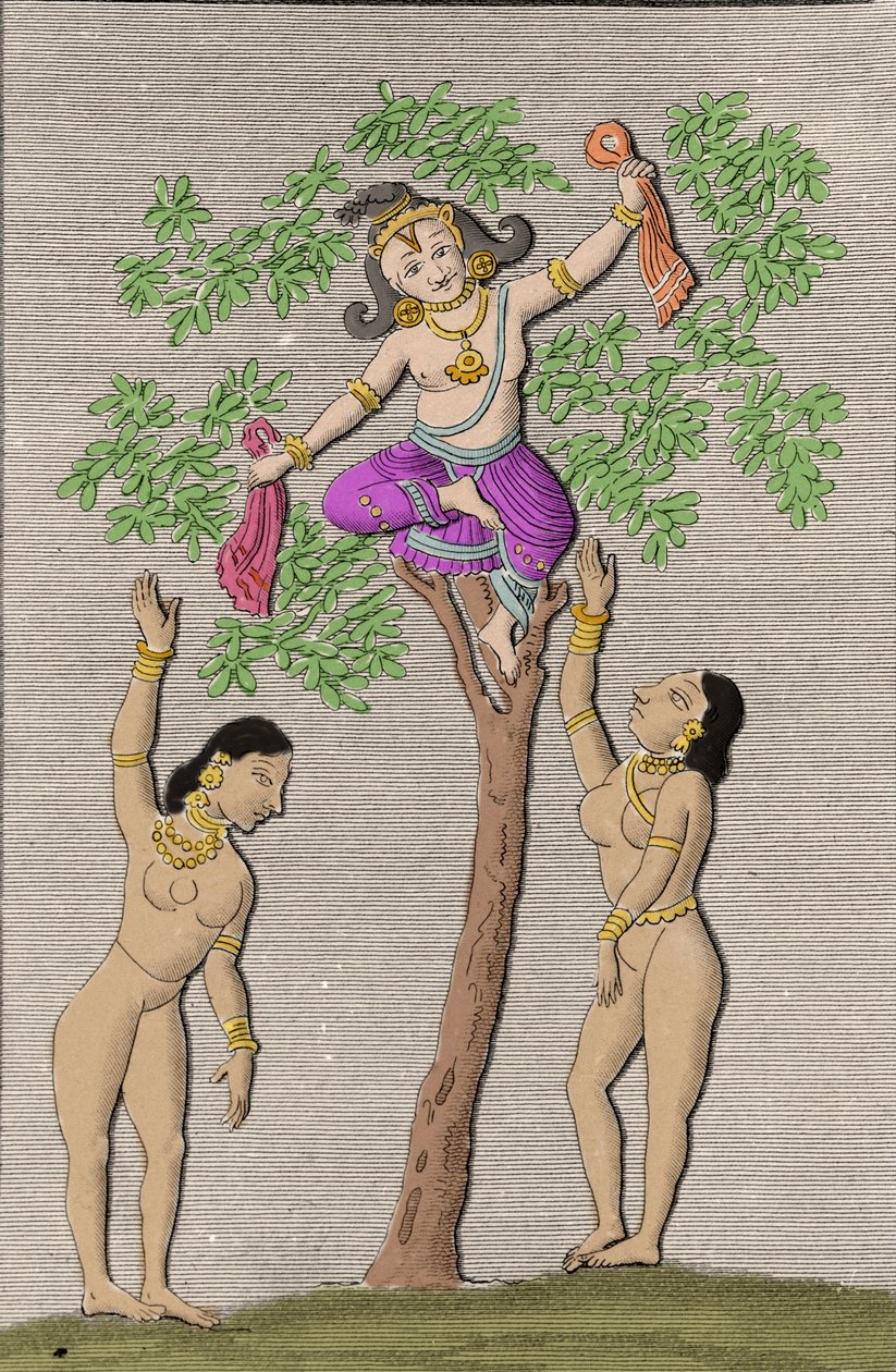 كريشنا تحلق مع اثنين من gopis. نقش في "" الآثار القديمة والحديثة لهندوستان "بقلم إل إم لانجلز ، باريس 1821. بواسطة فنان غير معروف