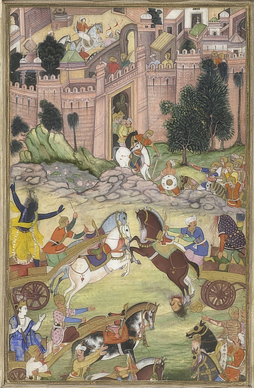 كريشنا يقتل شيطان سري غالا (مشهد من Harivamsa). حوالي 1585-95 بواسطة غير معروف