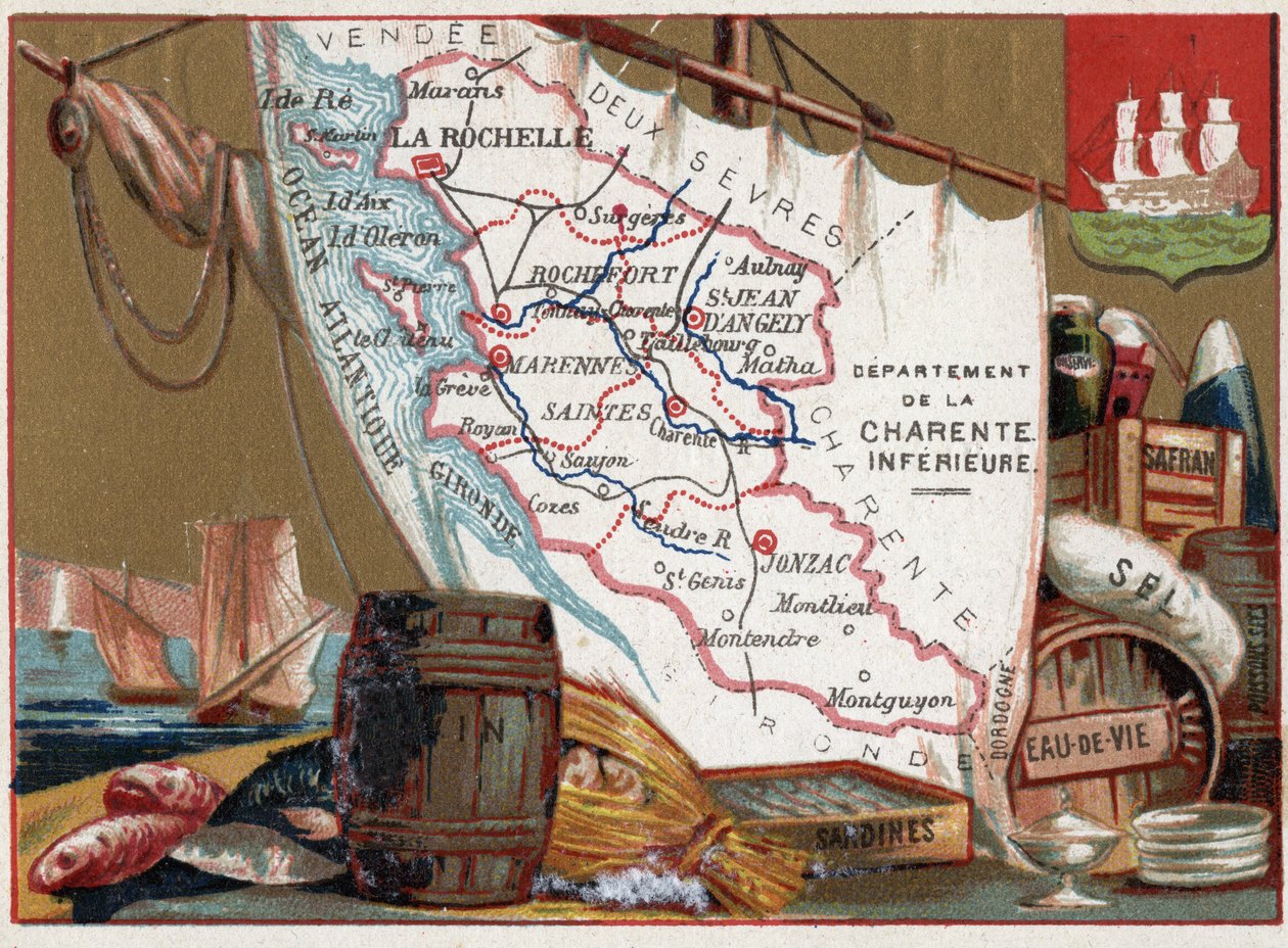 لا شارينت إنفيريور، بواتو شارينتس، فرنسا. نبيذ، براندي، سردين، ملح، زعفران، سمك جاف، حوالي 1920 بواسطة فنان غير معروف