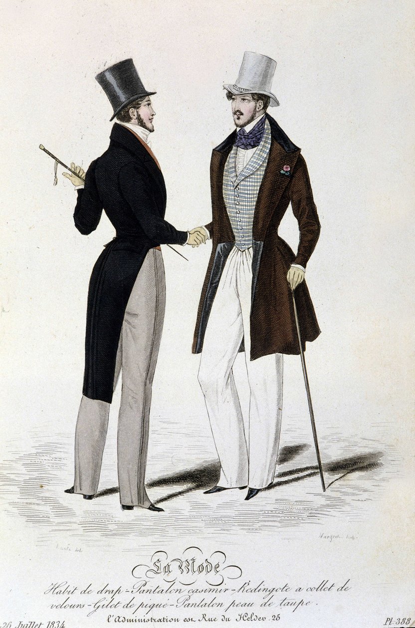La Mode du 26 juillet 1834: (أزياء رجالية) بدلة ملاءة - بنطلون Casimir - Redingote مع ياقة مخملية - سترة من البيكيه - بنطلون جلد بني داكن وقبعة علوية. بواسطة فنان غير معروف