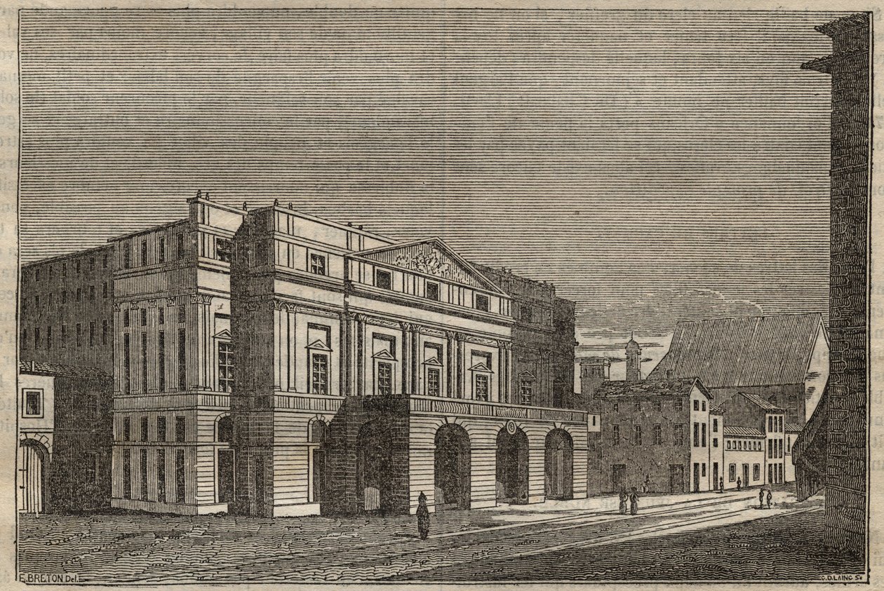 لا سكالا في ميلانو - منظر لمسرح لا سكالا في ميلانو ، إيطاليا - (تياترو ألا سكالا ميلان) - 1837 بواسطة فنان غير معروف