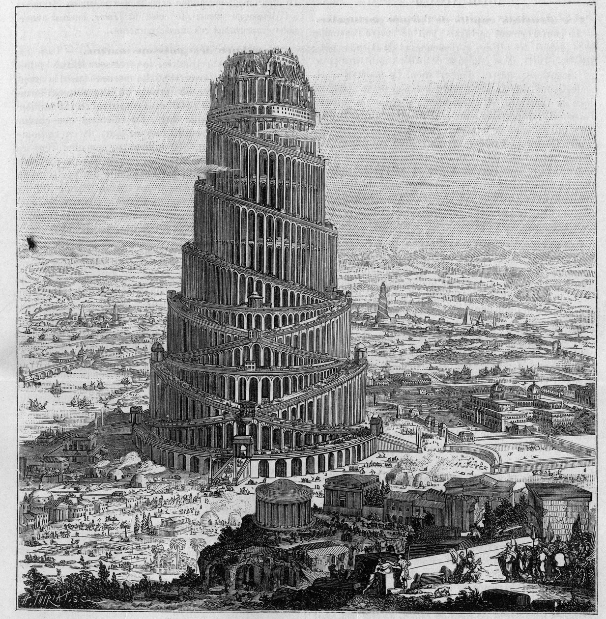 La Tour de Babel ، d'pres le Pere Kircher - (نقش أحمر لـ "Turris Babel" بواسطة فنان غير معروف