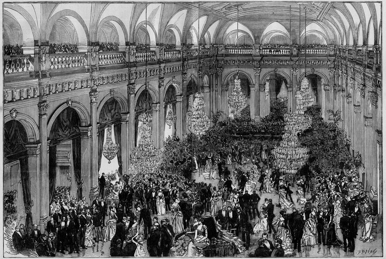 قاعة الاحتفالات الكبيرة في Hôtel de Ville de Paris خلال الاحتفال السنوي للبلدية. نقش في "العالم المصور" 1885 بواسطة فنان غير معروف