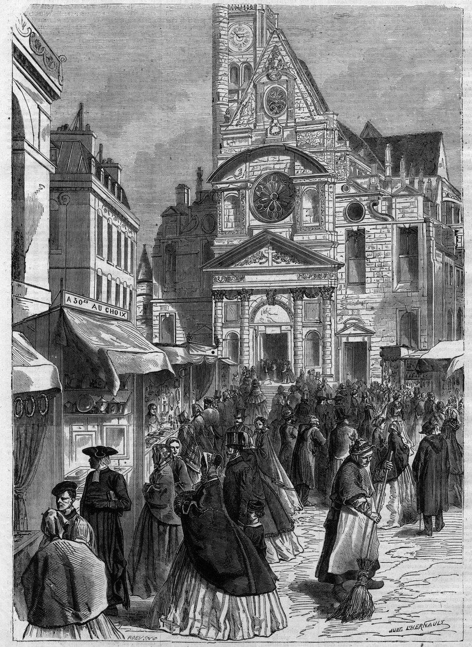 تساعية القديس جينيفيف في سانت إتيان دو مونت (Saint-Etienne-du-Mont) في باريس - نقش في "" Le Journal Illustrée " بواسطة فنان غير معروف