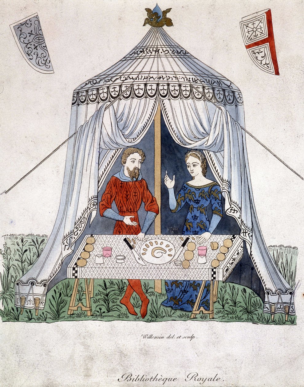 لانسلوت وجينيفر يأكلان تحت خيمة مستخرجة من "Lancelot du lac" بعد وثيقة عام 1370. بواسطة فنان غير معروف