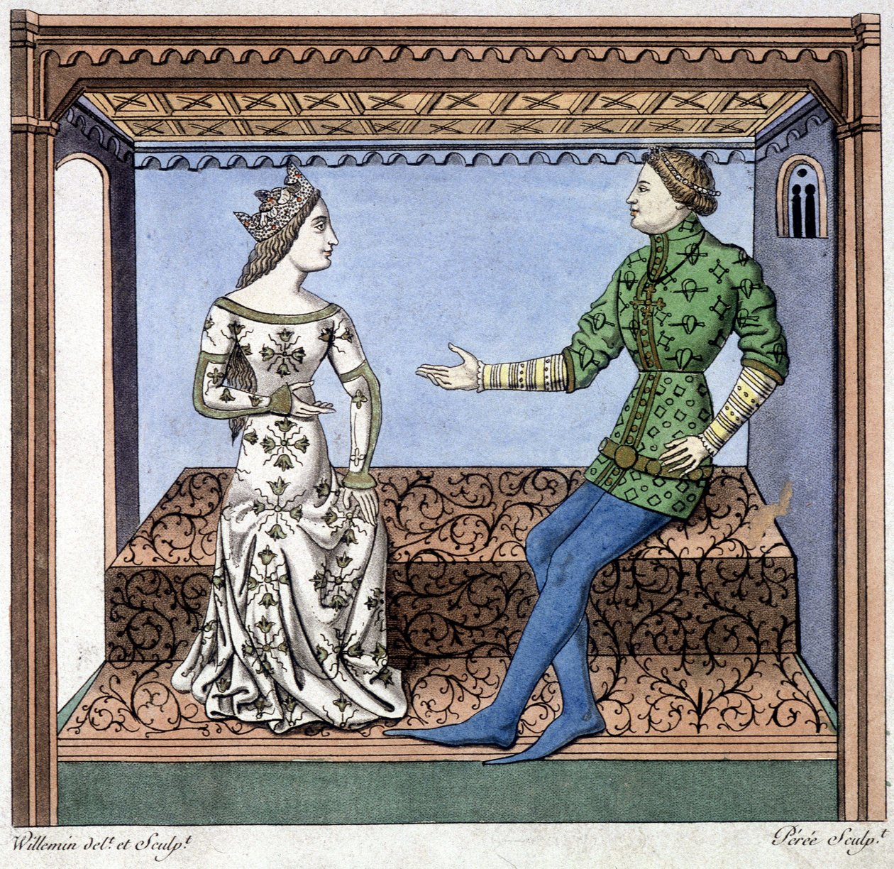 Lancelot and Guineèvre في محادثة - مقتطف من Lancelot du lac ، بناءً على مستند من عام 1370. بواسطة فنان غير معروف