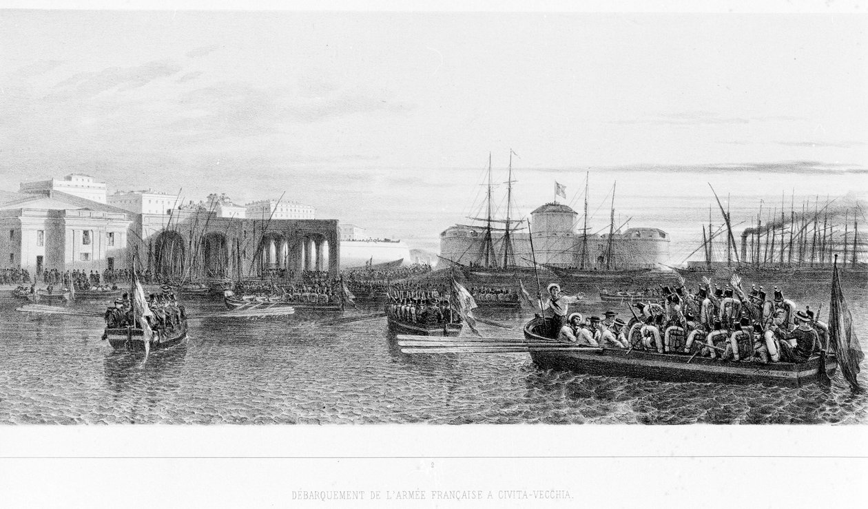 هبوط الفرنسيين في تشيفيتافيكيا بالقرب من روما عام 1849. بواسطة فنان غير معروف