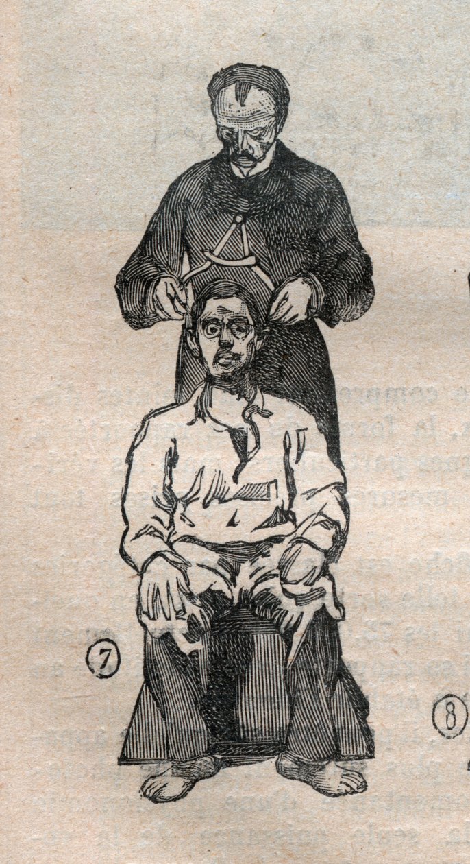 قياس الأنثروبومترية القضائية أو Bertillonage ، طريقة ألفونس بيرتيلون (1853-1914): قياس القطر العرضي للجمجمة - نقش في "" La Science francaise " بواسطة فنان غير معروف