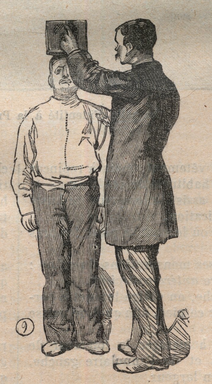 قياس الأنثروبومترية القضائية أو Bertillonage ، طريقة ألفونس بيرتيلون (1853-1914): قياس الحجم - نقش في "La Science francaise" بواسطة فنان غير معروف