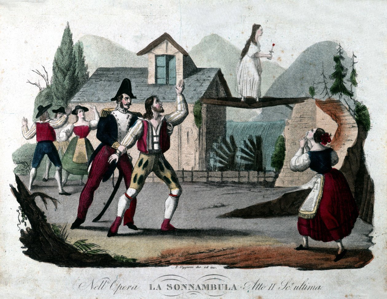 المشهد الأخير من الفصل الثاني من فيلم "La somnambule (La sonnanbula") للمخرج Vincenzo Bellini. نقش من عام 1835. بواسطة فنان غير معروف