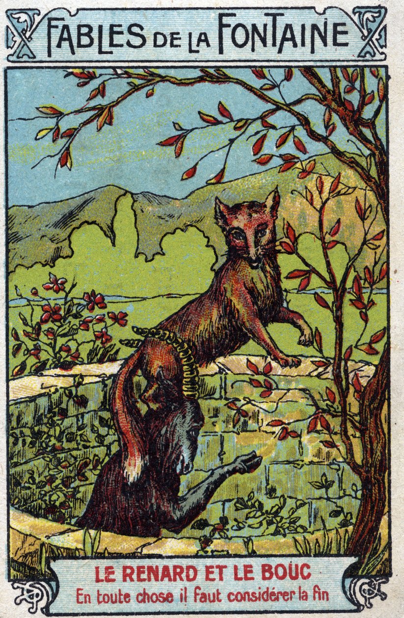 Le Fox et le Bouc - أساطير لجين دي لافونتين (1621-95) - الطباعة الحجرية الملونة في نهاية القرن التاسع عشر مجموعة خاصة بواسطة فنان غير معروف