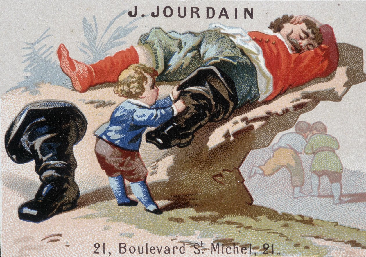Le Petite Poucet تزيل جزمة البطولات السبع مع الغول asoupi - شركة الإعلانات Jourdain بواسطة فنان غير معروف