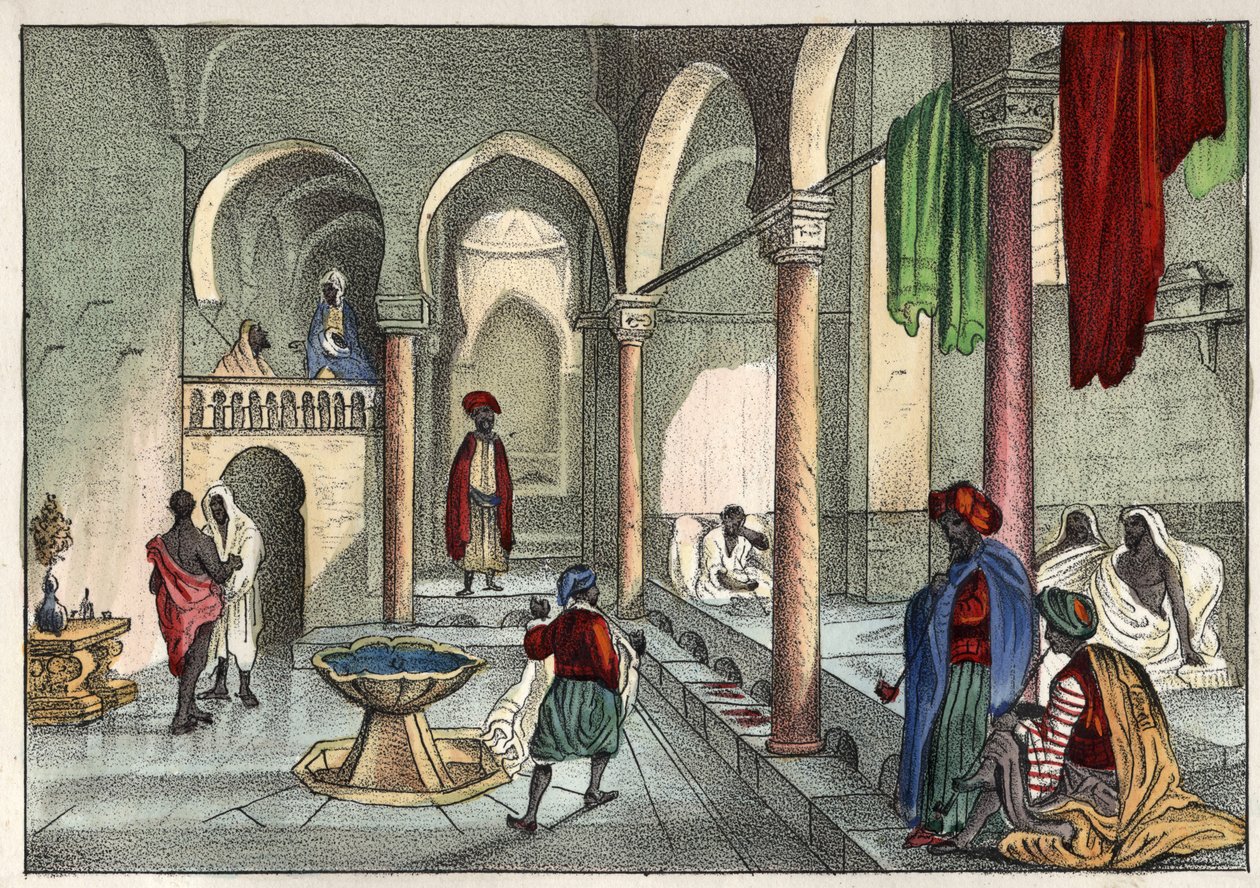 Le bain moure (الحمام العام) في الجزائر العاصمة حوالي عام 1830. في "الجزائر القديمة والحديثة" بقلم ليون غاليبرت. الطبعة الايطالية 1846 لون. بواسطة فنان غير معروف