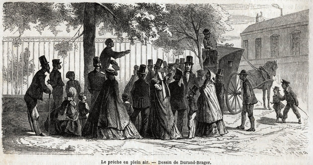 Le preche en plein air ، في لندن ، رسم بواسطة Durand Brager ، لتوضيح رحلة إلى الأحياء الفقيرة في لندن ، في عام 1862 ، بواسطة L.Simonin. نقش في "" Le Tour du monde "، تحرير إدوارد شارتون بواسطة فنان غير معروف
