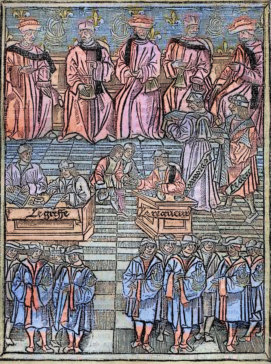نقش Le prevot des marchands et les echevins de Paris في القرن السادس عشر بعد النسخة الأصلية لعام 1528 - وكيل التجار وأعضاء مجلس الإدارة في باريس ، مشهد تحصيل الضرائب ، صفحة العنوان من "المراسيم الملكية للسلطة القضائية لـ Prevote des Merchants بواسطة فنان غير معروف