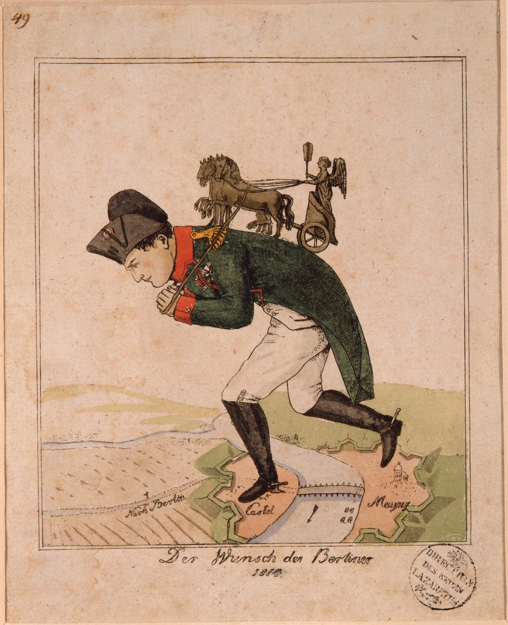 "أمنية سكان برلين" (أمنية سكان برلين) صورة كاريكاتورية للإمبراطور نابليون الأول (1769-1821) يحمل على ظهره كوادريجا بوابة براندنبورغ لعبور ماينز أثناء حصار القلعة. بواسطة فنان غير معروف