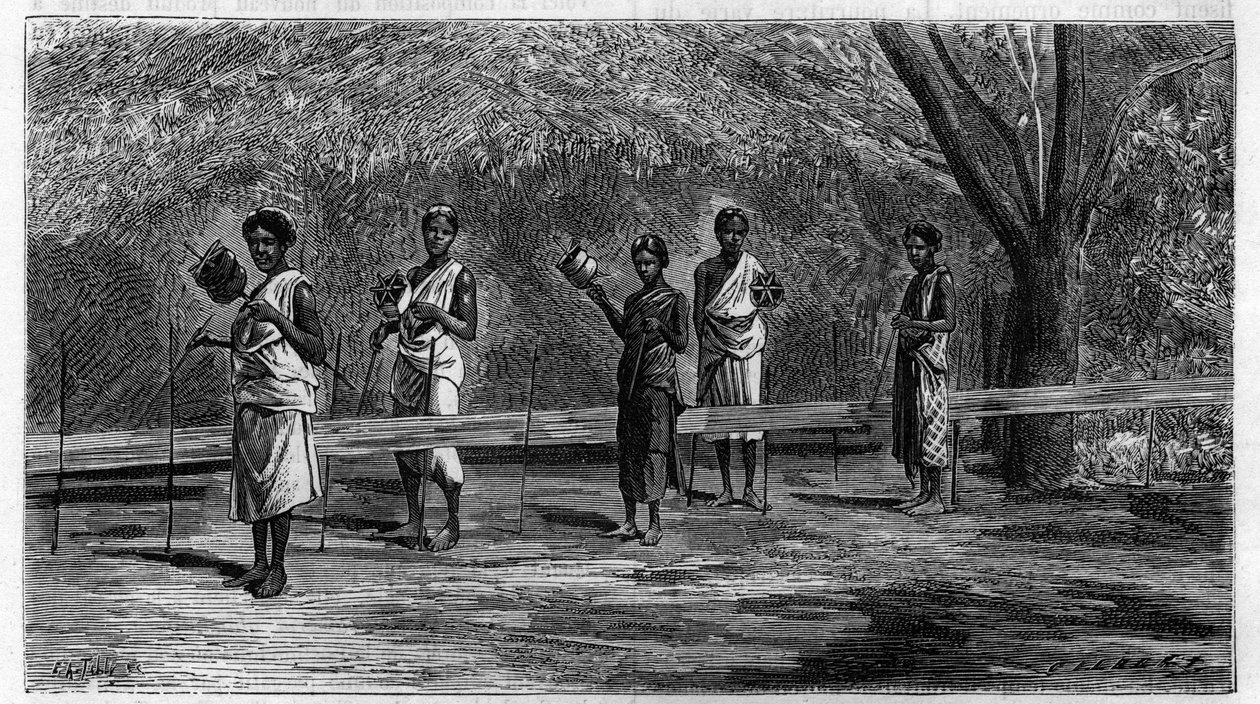 النسيج في جزر الهند: إعداد الخيوط المتسلسلة (عملية الاعوجاج) نقش عام 1883. في "La Nature". مراجعة العلوم وتطبيقاتها في الفنون والصناعة ". بواسطة فنان غير معروف