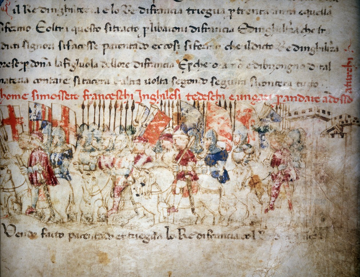 رابطة الفرنسيين والإنجليز والألمان والهنغاريين ضد الأتراك عام 1391 - في "" Croniche del Sercambi "" ، حوالي 1400. الأرشيف الوطني ، لوكا. بواسطة فنان غير معروف