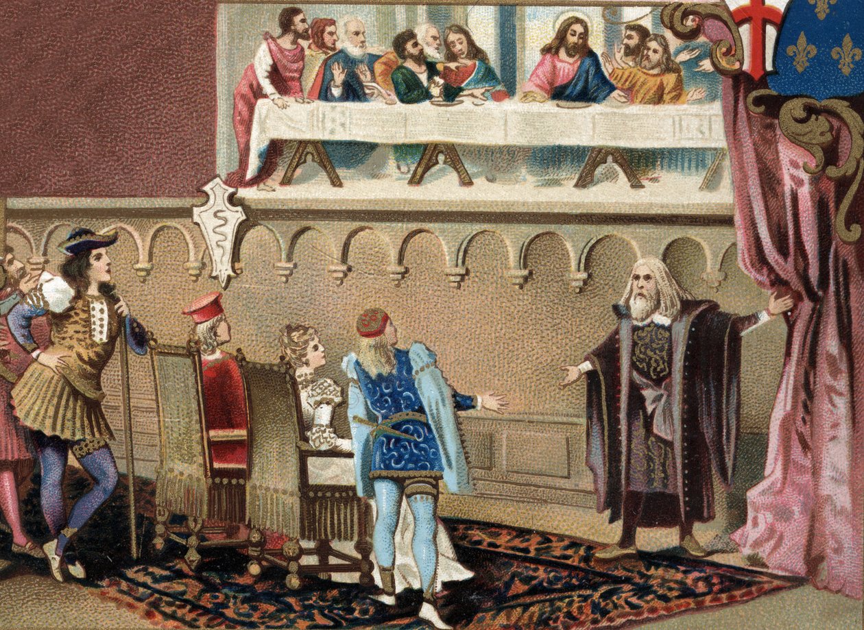 ليونارد دي فينشي (1452 - 1519) (ليوناردو دافنشي) يعرض لوحة جدارية له "المسرح المقدس" للودوفيك سفورزا ديت ذا مور ، دوق ميلان (لودوفيكو سفورزا في قاعة طعام سانتا ماريا ديلي جرايسي في ميلانو. بواسطة فنان غير معروف
