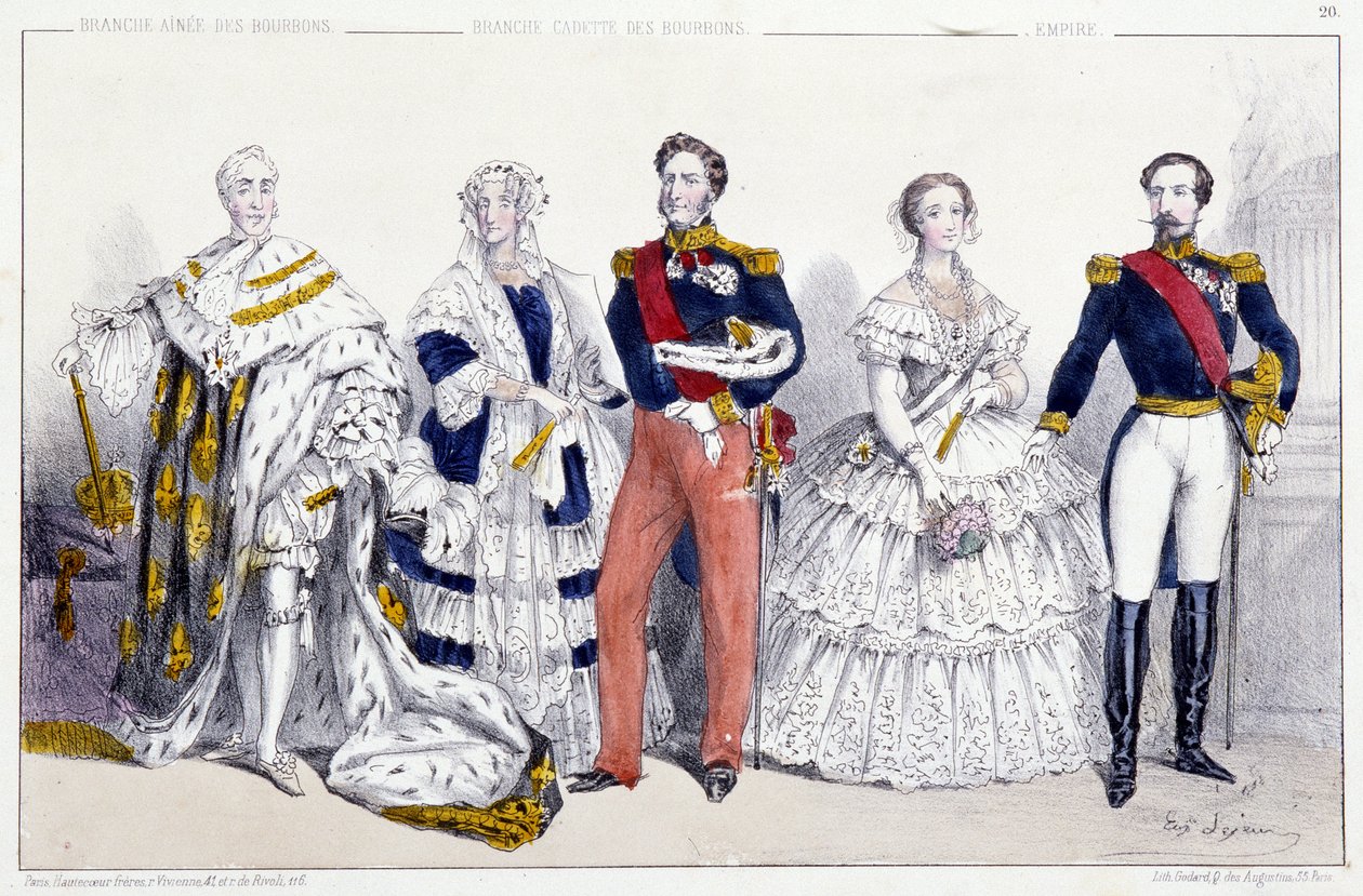Les Bourbons et l'Empire: Charles X (1757-1836) ، Marie Amelie de Bourbon Sicily (1782-1866) and Louis Philippe I (1773-1850) ، Eugenie de Montijo (1826-1920) Napoleon III (1808-1873) - بلاج مستخرج من ملوك وملكات فرنسا في المطبوعات ، باريس ، محرر. Sw بواسطة فنان غير معروف