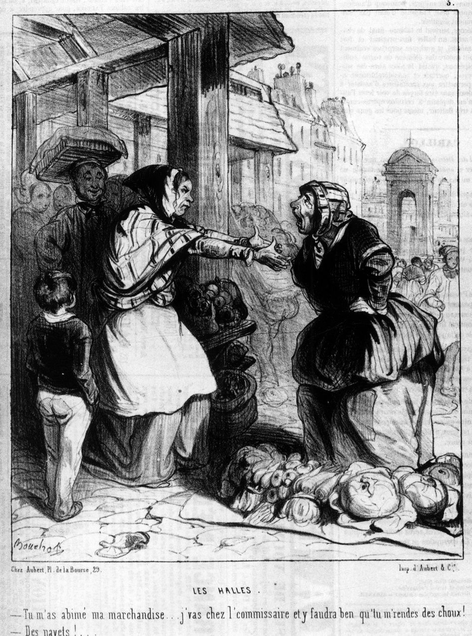 Les Halles - Marchandes يتشاجر في Halles de Paris ، في "" Charivari "في 14/10/1844. بواسطة فنان غير معروف