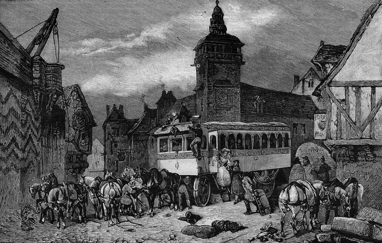Les Omnibus de Paris في القرن التاسع عشر: تحتوي السيارة على 60 مقعدًا - نقش من عام 1892 بواسطة فنان غير معروف
