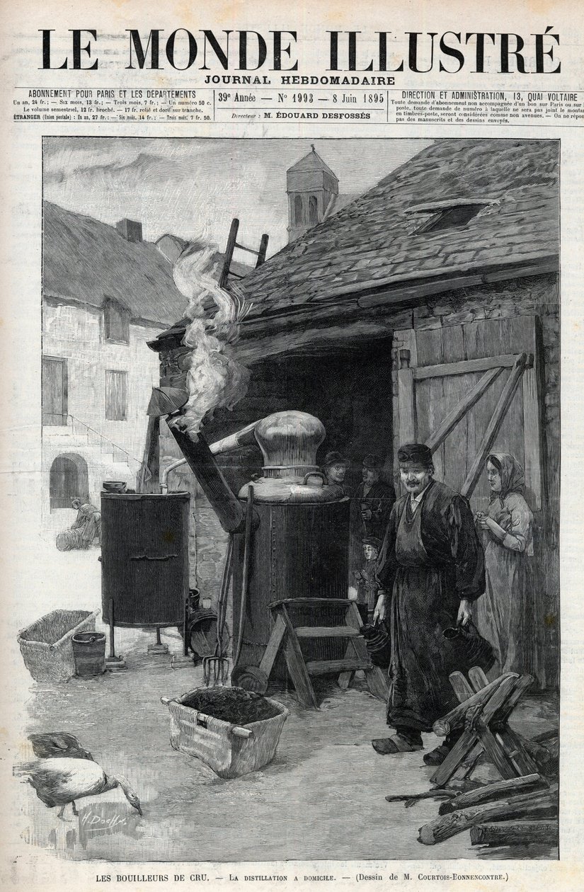 Les bouilleurs de cru - التقطير المنزلي في باريس عام 1895 - نقش في "Le Monde Illustré" رقم 1993 لعام 1895 بواسطة فنان غير معروف
