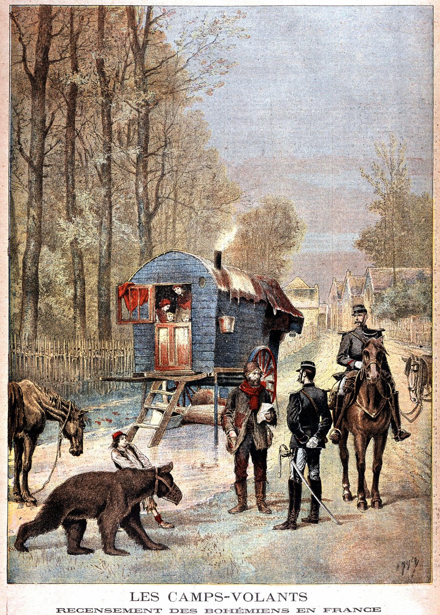 معسكرات الطيران: تعداد البوهيميين في فرنسا (Roulotte ، bohemiens et gendarmes) - في "" Le petit Journal "" بتاريخ 05/05/1895 بواسطة فنان غير معروف
