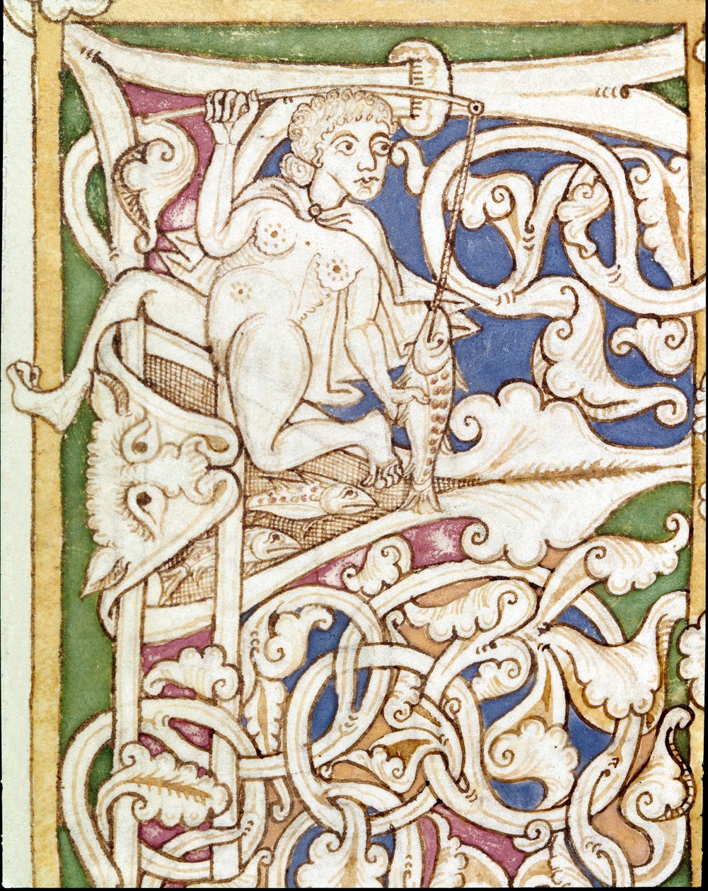 Lettrine P decoree لتمثيل امرأة تصطاد سمكة. صورة مصغرة من الكتاب المقدس (العهد القديم) (م 3088) القرن الثاني عشر كويمبرا ، مكتبة الجامعة بواسطة فنان غير معروف