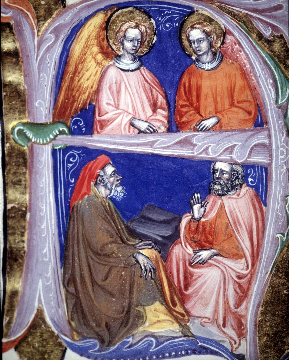 Lettrine يمثل الملائكة والفلاسفة الذين يناقشون - في De civitate dei de St Augustine. مخطوطة القرن الرابع عشر. البلدية الكتاب المقدس. ريميني. بواسطة فنان غير معروف