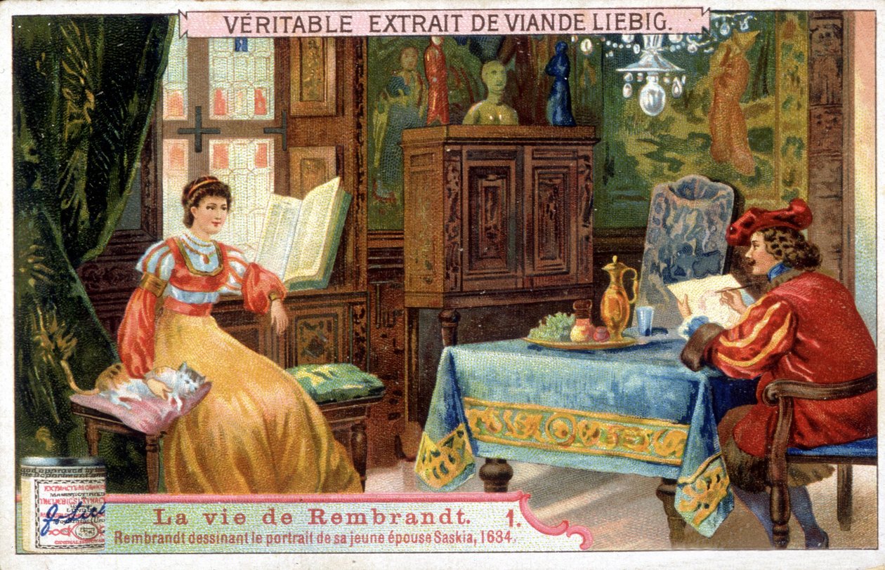 Liebig chromolithography on the life of Rembrandt (1606 - 1669) ، رسام هولندي. هنا يرسم صورة زوجته الشابة ساسكيا عام 1654. بواسطة فنان غير معروف